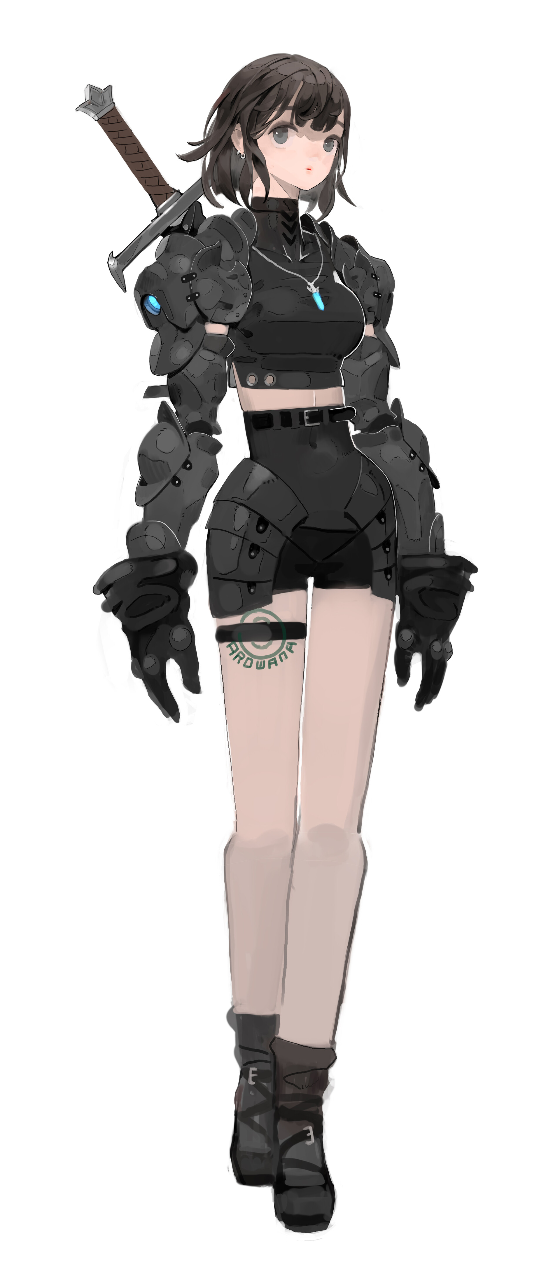 a full body illustration of an animestyle girl with short black hair and gray eyes. she is wearing a black crop top, black shorts, a black belt, and black boots. she has a sword strapped to her back and is wearing black armor on her shoulders and arms. she also has a necklace with a blue crystal. she has a tattoo on her left thigh.