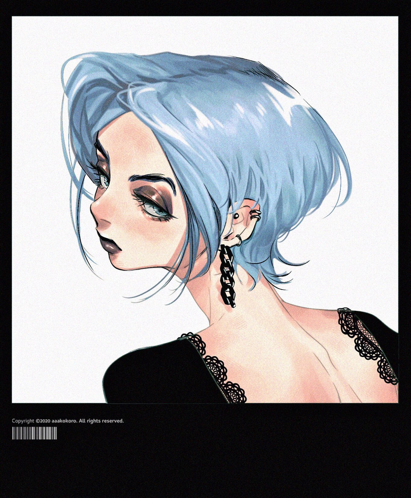 this is a stylish fashion illustration of a woman with short, blue hair, sporting multiple piercings and dark makeup. she wears a black dress with a lace detail on the back. the illustration is digitally created and features a minimalist background with a copyright notice at the bottom.