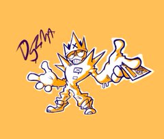 a cartoon character drawn in a graffiti art style. the character is wearing a crown and holding a spray paint can.  the background is a solid color.