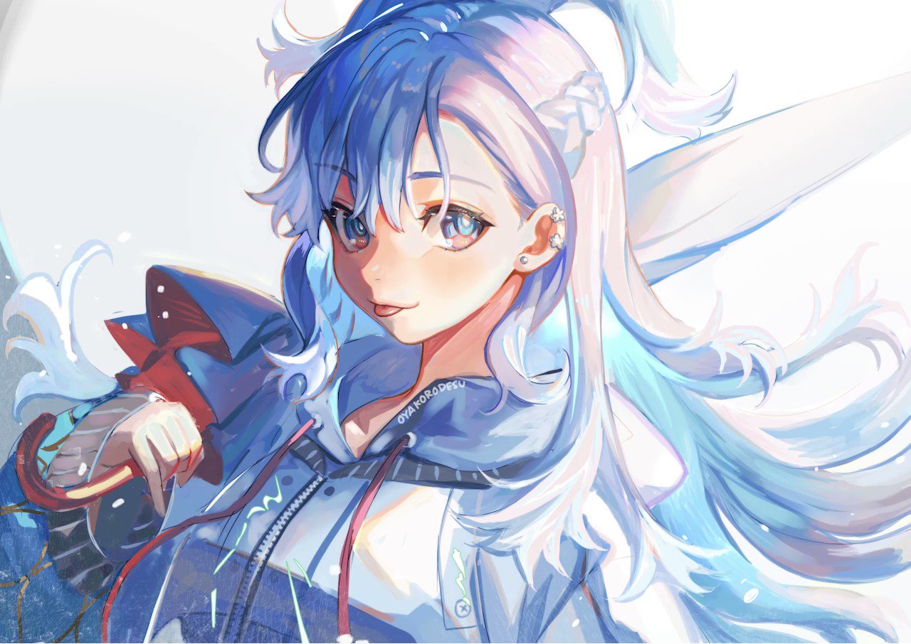 a digital illustration of an anime girl with blue hair, she is wearing a blue hoodie with red trim and has a kind smile.  her hair is flowing freely behind her and her blue eyes are looking directly at the viewer.