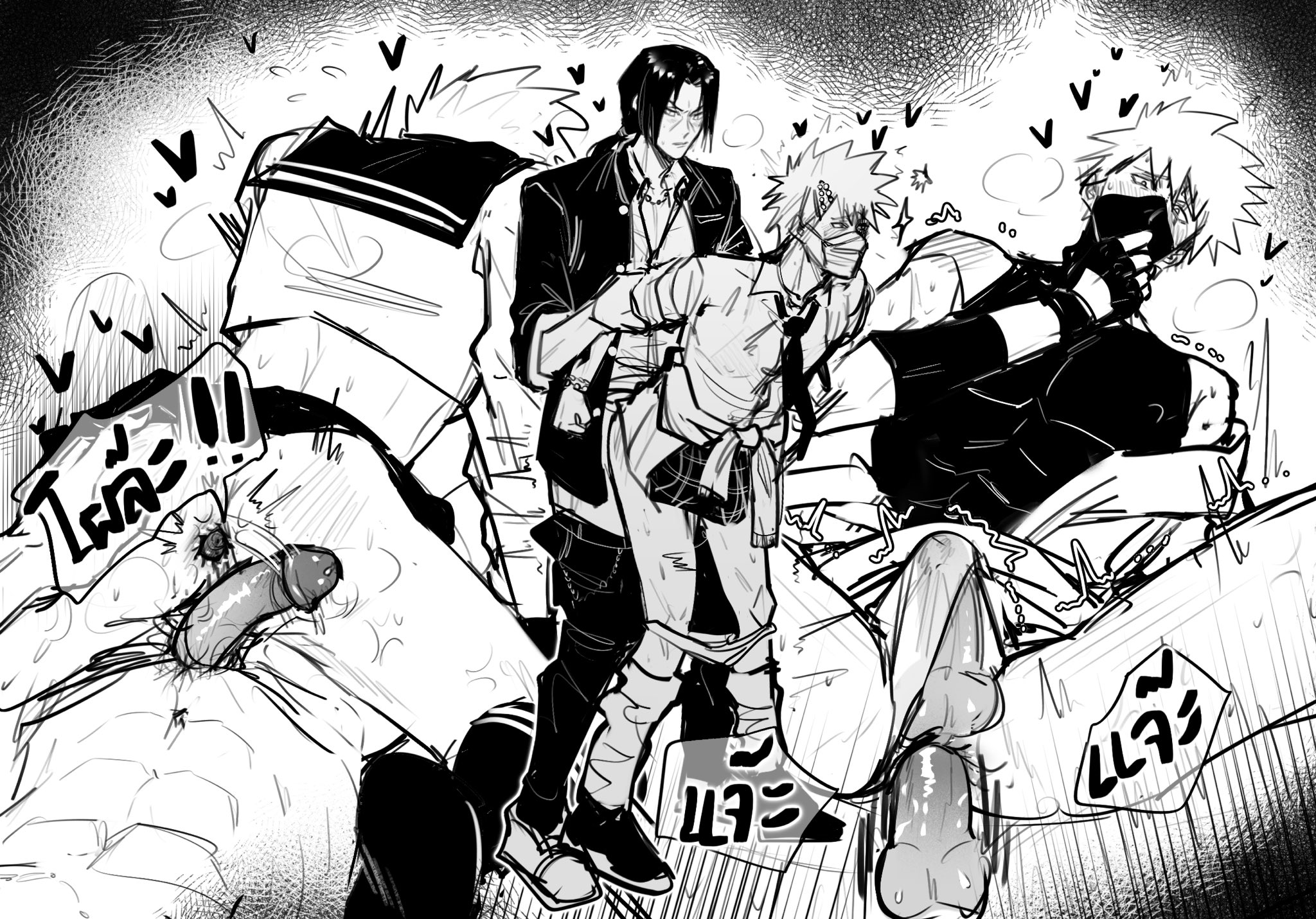 the image is a graphic monochrome drawing depicting three animestyle male characters in a sexually suggestive and violent scene.  one character is bound and restrained by two others, suggesting a power imbalance and potentially nonconsensual acts. the style is rough and sketchy, emphasizing the intensity of the scene with strong lines and shading.  the inclusion of explicit content makes it unsuitable for all audiences.  the scene depicts bondage, with one character’s hands bound behind their back, and there is strong implication of sexual violence. there are also several speech bubbles with japanese text which is difficult to decipher without knowledge of the language. the overall tone is dark, intense, and overtly sexual.