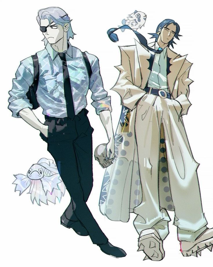 the image is an illustration featuring two male animestyle characters.  one character on the left is dressed in a sharp, dark suit with a light blue collared shirt and a dark tie, and he has an eyepatch over his left eye and short, silver hair. he carries a small axolotl. the other character on the right is dressed in a flowing, lightcolored, almost kimonolike coat over a lighter colored shirt and pants, accessorized with a belt. he has long, dark hair. both characters have a somewhat pale complexion. they stand sidebyside, each accompanied by a small, seemingly fantastical animal. the art style is unique and combines elements of elegance and whimsy. the background is plain white, focusing the viewer's attention on the characters and their outfits.