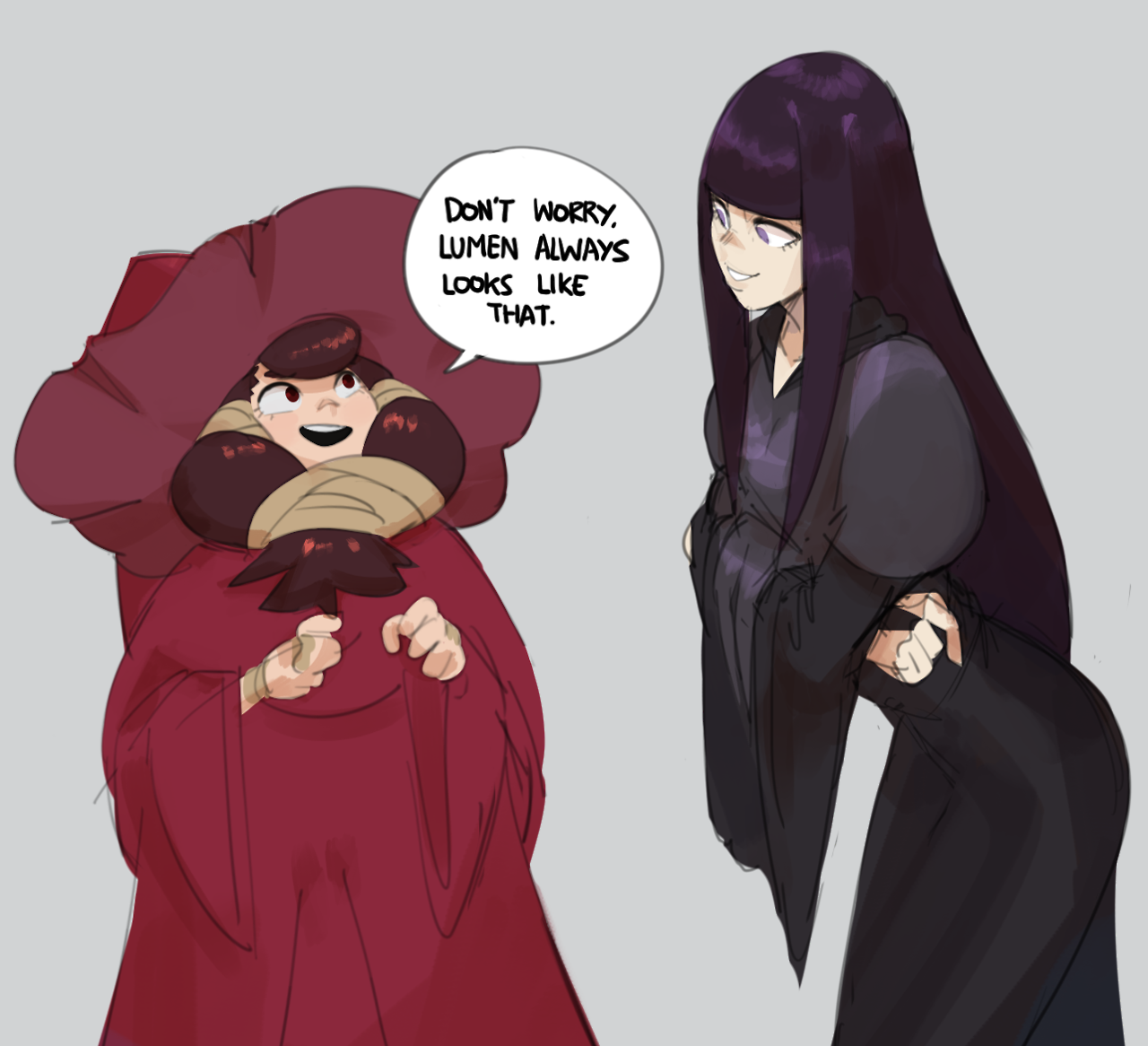 a cartoon illustration of two women, one wearing a black dress and the other a red robe. the woman wearing the black dress is telling the other woman, "don't worry, lumen always looks like that."