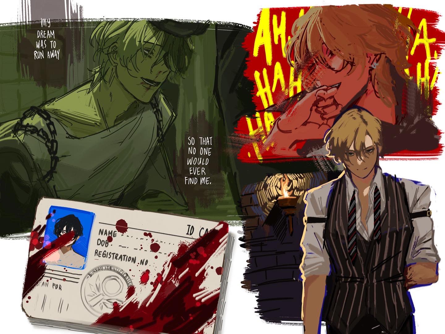 the image is a digital illustration that features three characters. the first character is a man in green with an expression of terror. he is running away, and he has blood on his face.  in the background is a red speech bubble with the word "ah" repeated many times. this character is likely being hunted or chased by another character who is also shown in the background. this character is wearing a black vest and white shirt and has blond hair. the third character, likely the pursuer, is a male character who is also blond and wearing a white shirt and a red vest. he is covered in blood and is laughing, perhaps in a sadistic or menacing way. the characters are drawn in an animestyle, and there are several details such as blood splattered on the ground and a bloody id card. the image gives off an overall sense of dread, terror, and horror.