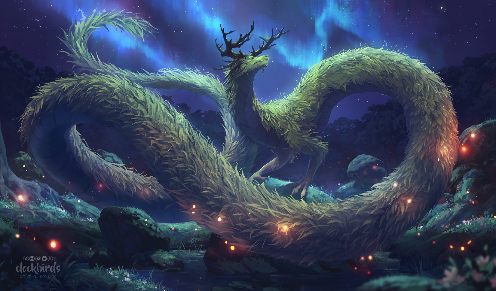 a serpentine dragon with the antlers of a stag is nestled within a forest clearing. its body is composed of long flowing grass and vines that shift in color from deep emerald to luminescent green.  the dragon is illuminated by a glowing aurora borealis in the sky and what appears to be bioluminescent flora at its feet.  the overall atmosphere is magical and serene.