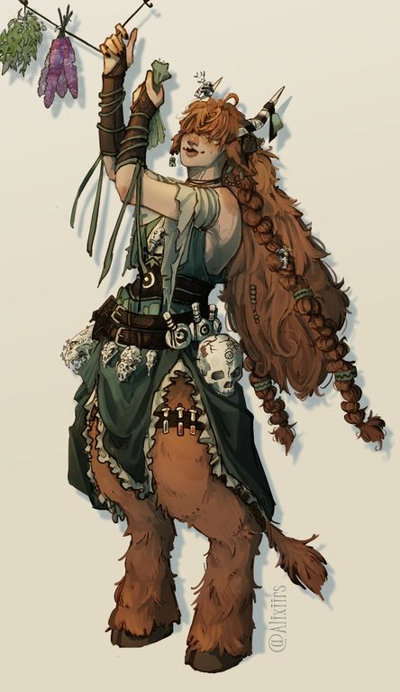 a drawing of a female centaur herbalist or witch, hanging herbs to dry. she is depicted with brown fur on her lower half, a tail, braided red hair, horns, leather armor, and various herbalist accouterments like skulls and potions. she wears medievalstyle clothing and has wrist wraps on her arms.
