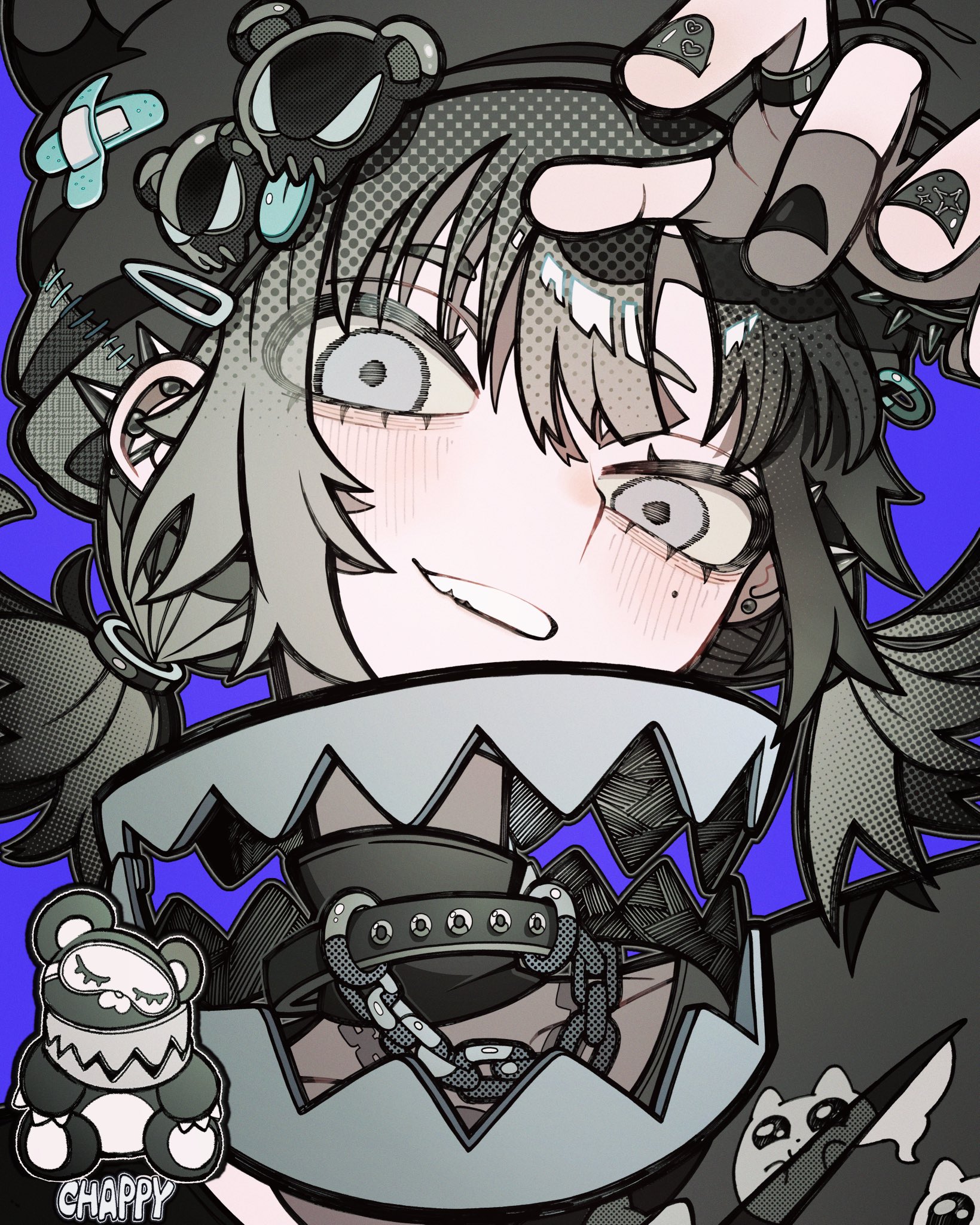 this is a digital illustration of a girl with a playful, edgy style. she has bright blue eyes, with a light smile that shows off her teeth. she is wearing a black and white striped hat with a bear patch, a collar with chains, and a black shirt with a design on it. she is also wearing a white shirt beneath her black shirt. the background is a blue, black, and white checkered design.
