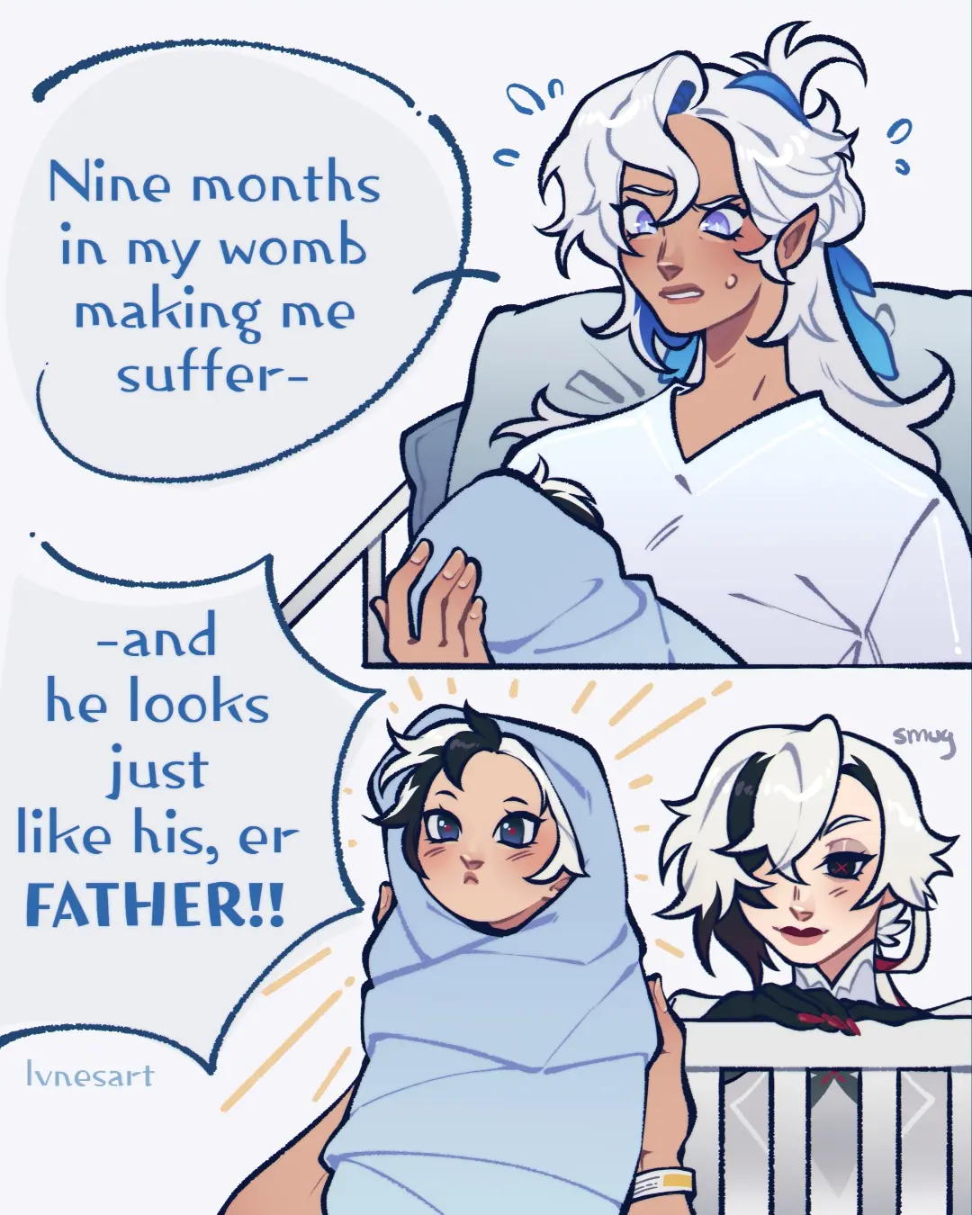 he image is a digital fanart comic depicting a lighthearted scene of childbirth and parenthood.  the first panel shows a mother, with long white hair and a weary expression, in a hospital bed holding a swaddled baby. a speech bubble above her expresses the hardship of pregnancy. the second panel shows the baby, closely resembling the father. the father, present in the second panel, is seen standing behind a crib, with a smug expression.  the art style is reminiscent of anime or manga, featuring expressive characters and soft color palettes. the overall tone of the comic is humorous, contrasting the mother's exhaustion with the father's smug satisfaction about the baby's likeness.