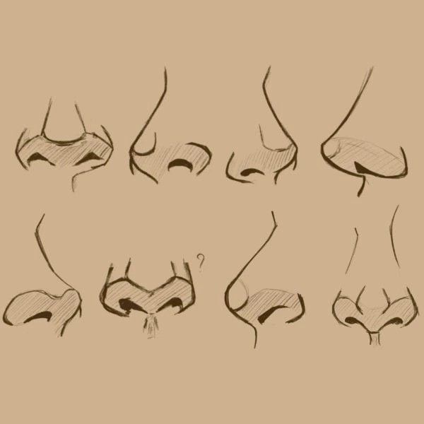 the image contains a collection of nine different sketches of noses, each rendered in a simple, slightly sketchy style with brown tones against a beige background. the noses vary in shape, size, and perspective, showcasing different angles and stylistic choices.  some appear more cartoonish or stylized while others seem to aim for more realistic proportions. a small question mark is near the center bottom suggesting an area for consideration or further study. the overall image seems to be a study guide or a collection of references for learning how to draw noses in various styles.
