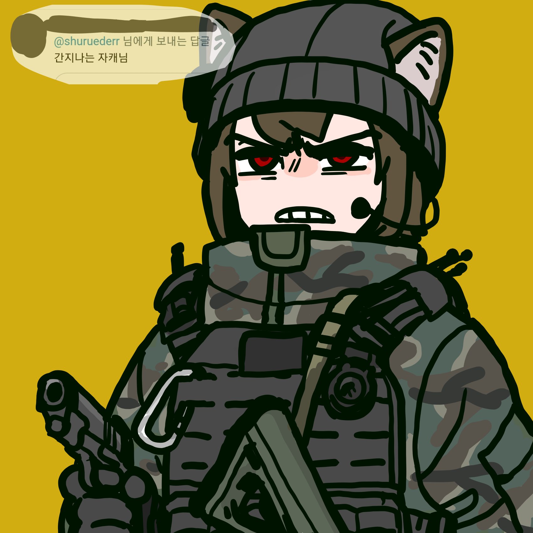 an anime girl with cat ears is wearing a tactical military uniform and a beanie. she has a serious expression and looks angry, possibly due to the text in the speech bubble above her. she is holding a gun and appears ready for combat. the background is a solid yellow. the image is drawn in a digital style, with a focus on line art and details.