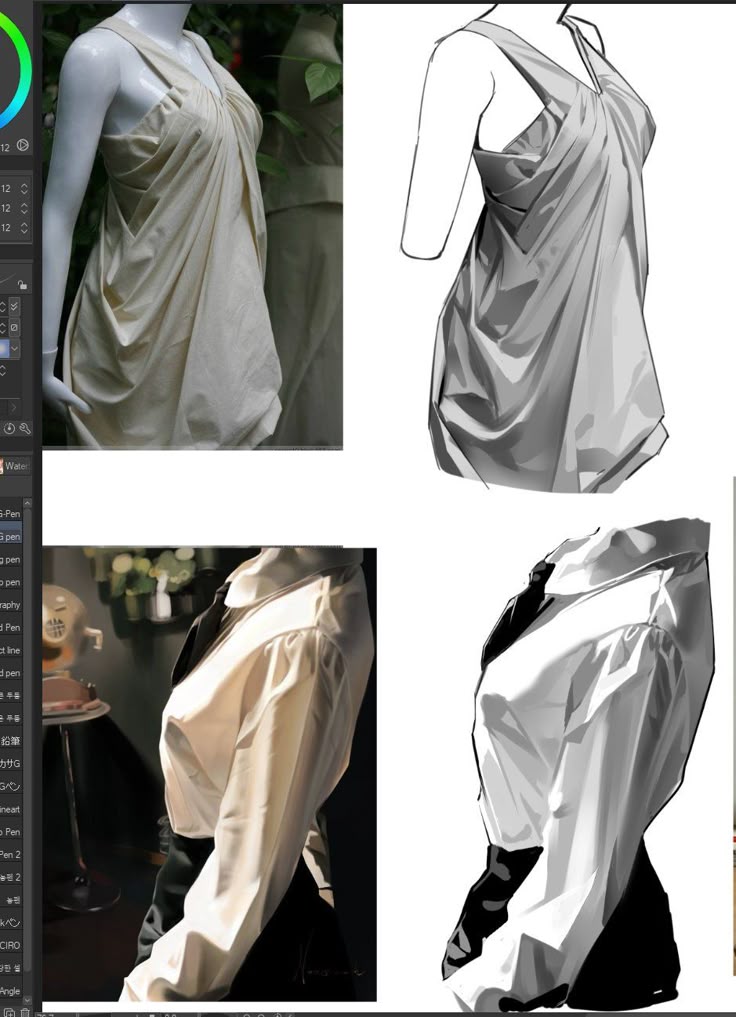 the image shows a comparison between photographs and digital art illustrations of clothing. the top half of the image displays a draped dress, with a photo of the dress on a mannequin next to a digital painting of the same dress. the bottom half of the image shows a white buttondown shirt with a black tie, again with a photograph next to a corresponding digital painting. the illustrations simplify the light and shadow of the photos, emphasizing form and fabric texture. there is also interface of design software is visible to the left of the image.
