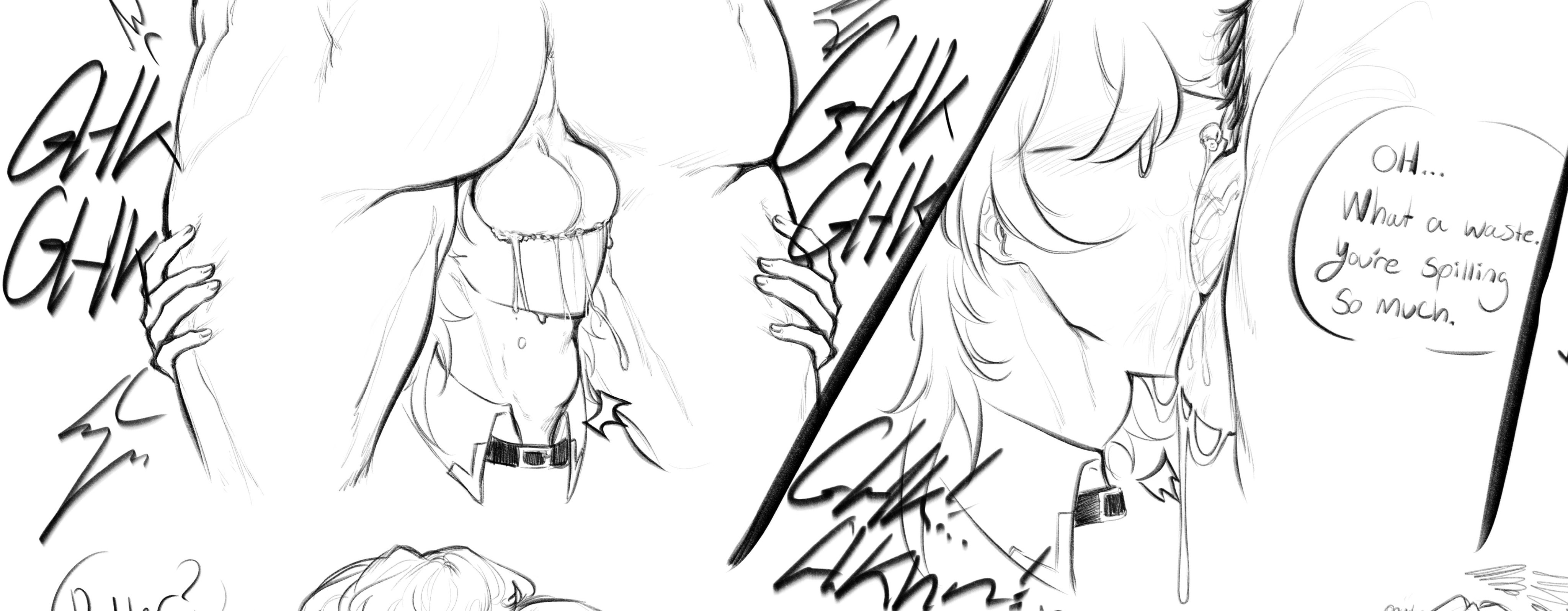 a black and white line drawing of a comic panel that depicts a sexual encounter between two men. there is a hand gripping a male torso with drips present on his underwear. another male figure is visible with a speech bubble that reads, "oh...what a waste. you're spilling so much." there is text, "ghk ghk" repeated multiple times throughout the illustration.