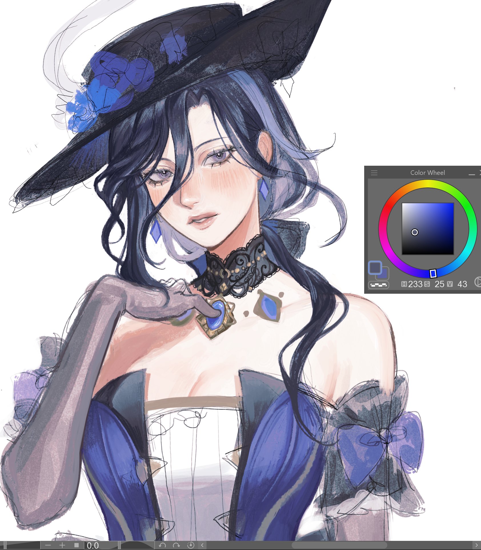 a digital illustration of a woman with long black hair, wearing a blue and white dress and a black hat with a blue flower. she is wearing gloves and a necklace with a jewel. she has a soft and elegant expression. there is a color wheel in the top right corner of the image, with a blue color selected. the background is white. the art style is whimsical and detailed, with a focus on the character's beauty and elegance.