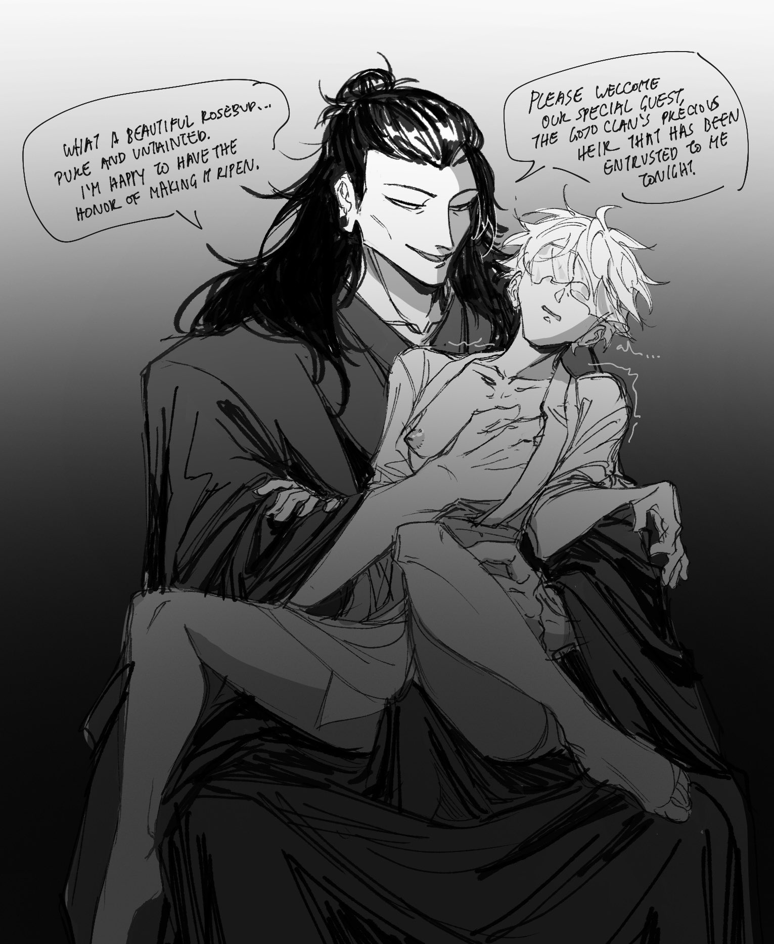 the image is a grayscale mangastyle illustration depicting a dramatic scene. a man with long, dark hair, styled in a topknot, is seated and holds a younger person, with lighter, shorter hair, in his lap. the younger person appears somewhat unconscious or asleep. the man's expression is one of possessiveness or perhaps protective care, while the younger person's expression is more passive.  speech bubbles contain dialogue, suggesting the scene is part of a narrative or story. the overall style is dark and suggestive, with dramatic lighting emphasizing the figures and their interaction. the setting appears to be indoors, and the man's attire resembles a robe or similar garment. the text suggests a significant event or ritual is taking place.
