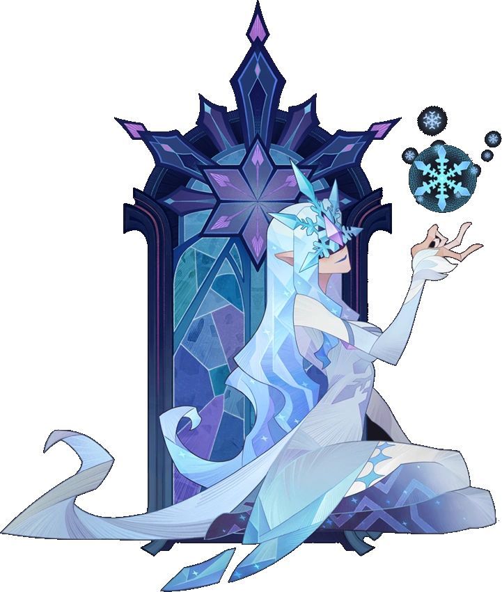 a woman with white hair and icy blue skin sits upon a throne of ice and stained glass. she is adorned in flowing white robes and a jeweled blindfold. her left hand delicately holds a snowflake aloft, hinting at her mastery over ice magic. the overall palette is cool and ethereal, emphasizing the character's connection to ice and winter. the stainedglass window behind her depicts a stylized snowflake, further solidifying her association with cold and frost.