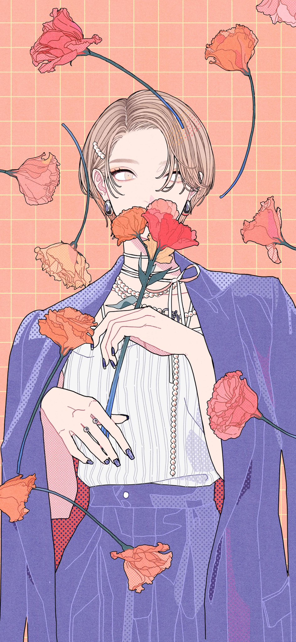 the image is an anime illustration of a woman surrounded by flowers. she has short, light brown hair styled with a pearl hair clip. her face is mostly hidden by a flower she is holding. she wears pearl earrings and has pale skin. she is wearing a white pinstripe tank top with a pearl chain, a pearl necklace, and a purple jacket. she has rings on her fingers and long, dark blue nails. the background is a light orange color with a grid pattern. flowers in shades of orange and pink surround her.