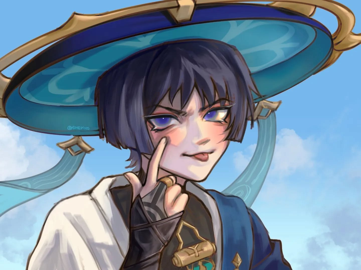 a closeup digital painting of a male character, seemingly inspired by genshin impact,  with short dark blue hair. he wears a large, ornate teal and gold hat with flowing teal ribbons and a blue and white outfit. his expression is a mischievous smirk, and he is playfully gesturing with his finger near his cheek. the background is a bright, partly cloudy blue sky. the art style is reminiscent of anime and manga, with soft shading and vibrant colors. the artist's watermark "@shepya" is subtly visible.