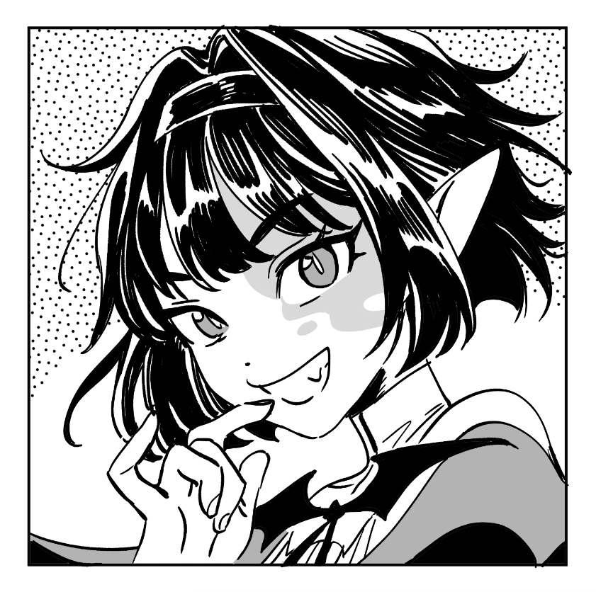 a black and white illustration of a girl with dark hair and eyes. she has a mischievous smile and a dark background. she looks confident and bold, and her features are exaggerated. she seems to be a character from a comic or manga, with a supernatural or fantasy theme.