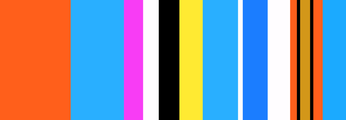 the image is a digital illustration of vertical stripes of different colors. there are eleven stripes in total and all are of equal width. the colors of the stripes, from left to right, are orange, blue, pink, white, black, yellow, blue, white, black, orange, and brown.