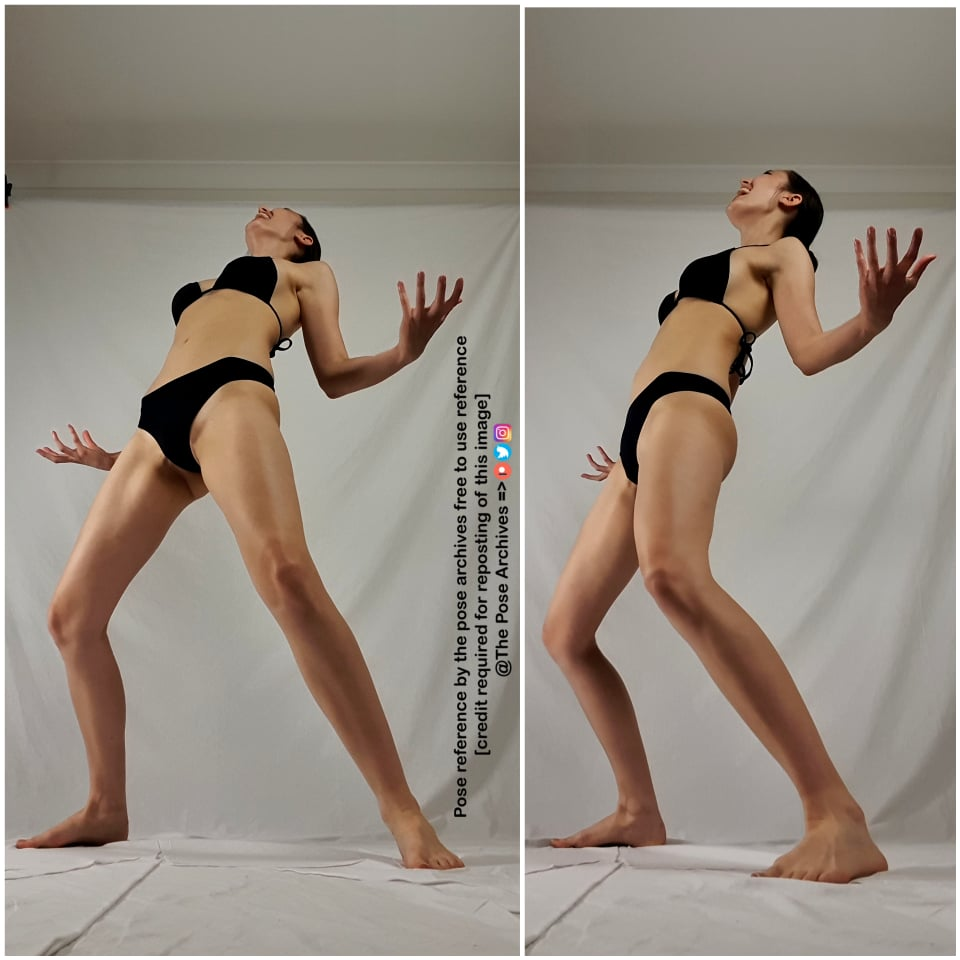 the image shows a woman in a black bikini striking two dynamic poses against a white background. it appears to be a reference photo for artists, as indicated by the text overlay stating it's free to use with credit. the lighting is bright and even, illuminating the subject clearly. the poses capture a sense of motion and energy.