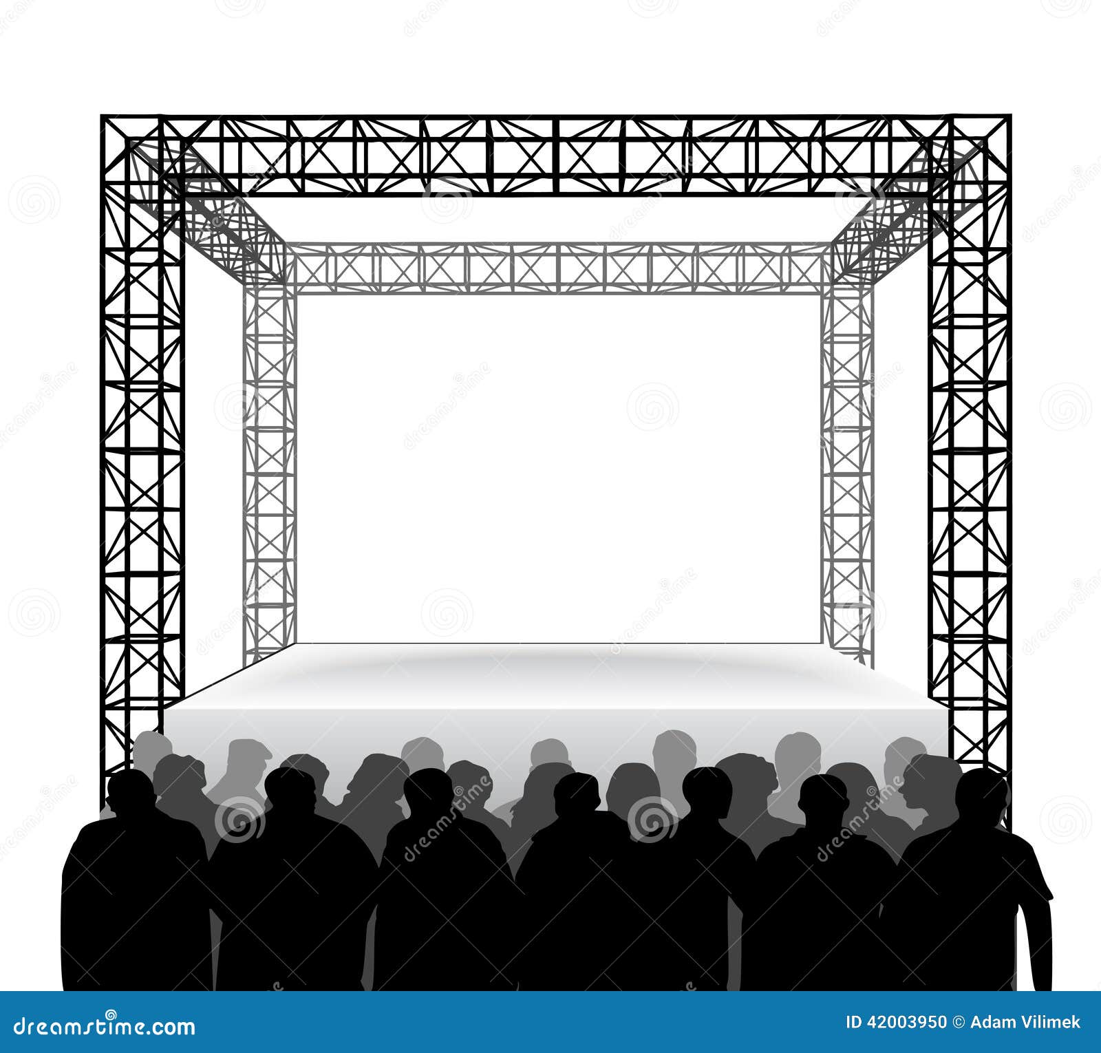 a silhouette of a crowd of people facing a stage with a truss structure overhead.
