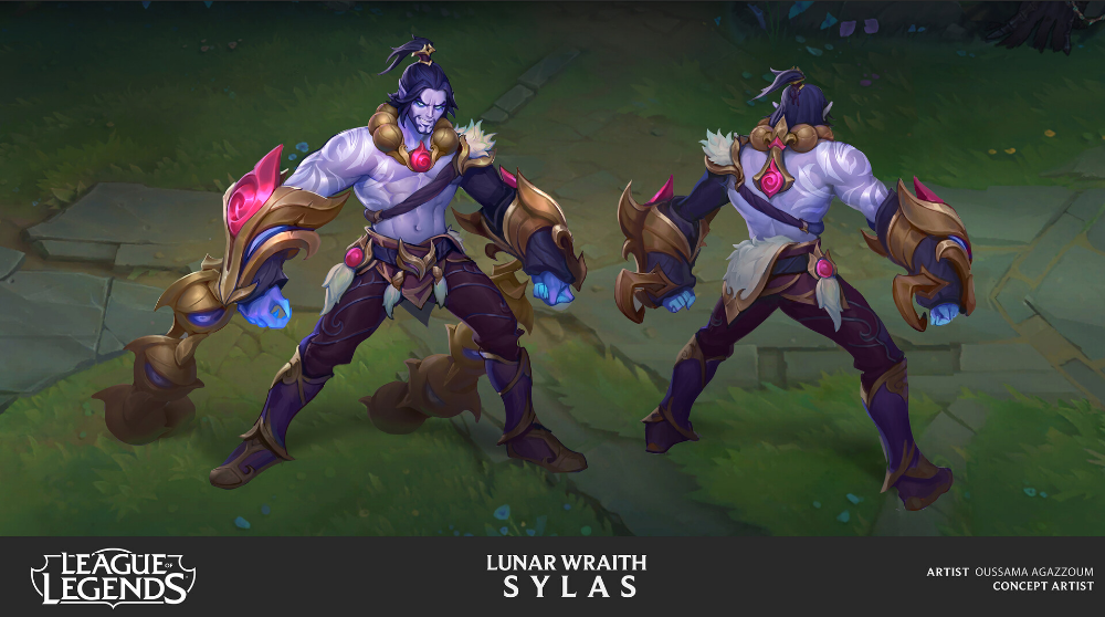 the image showcases concept art for a league of legends skin called "lunar wraith sylas."  it's a digital painting that presents two views of the character: a front view and a back view. sylas is depicted as a muscular, paleskinned male with dark hair tied back.  his attire is elaborate, featuring gold and purple armor adorned with stylized  details suggesting a lunar or celestial theme. the color palette is rich with purples, blues, and golds.  the background features stylized stone paths and grassy areas typical of the league of legends visual style. the artist's name, oussama agazzoum, is credited in the bottom right corner.  the league of legends logo is present in the bottom left corner. the overall style is highly polished, suggestive of professional game art.