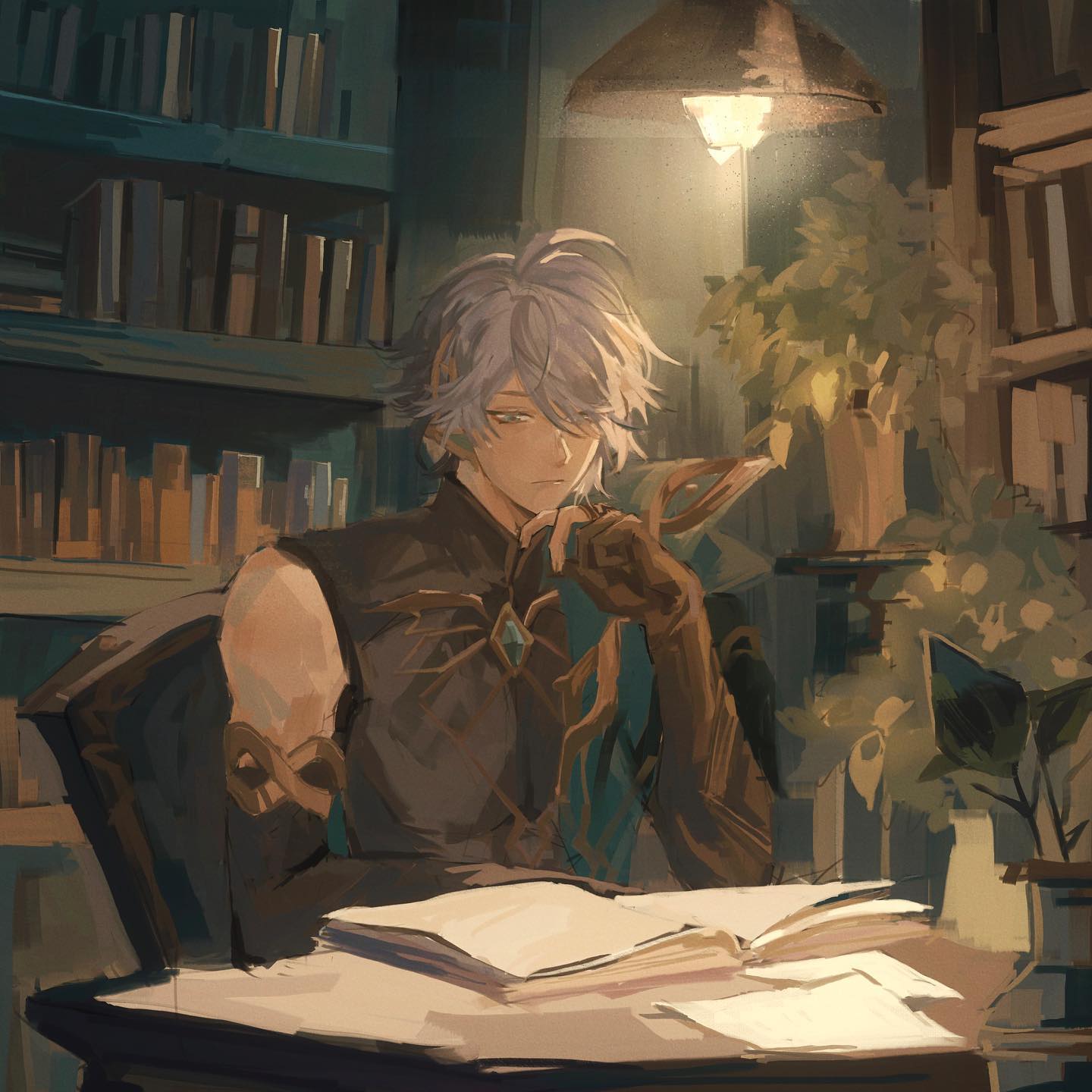 the digital painting depicts a young, paleskinned animestyle male character with long silverpurple hair. he's dressed in elegant, ornate clothing featuring armguards and gloves, sitting at a wooden table in a dimly lit library.  the room is filled with bookshelves stocked with numerous books, creating a studious atmosphere.  he appears pensive and relaxed as he reads an open book, bathed in the warm light of a lamp hanging above. potted plants add a touch of nature to the scene, enhancing its peaceful and contemplative mood. the art style is painterly and atmospheric, with soft lighting and detailed character design.