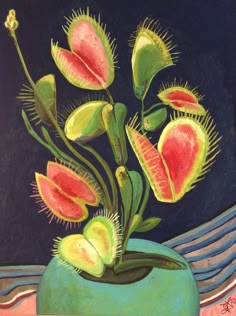 a painting of a venus flytrap plant. the plant is in a blue pot with a green bottom. the plant is depicted with a bright blue background and surrounded by green and red striped patterns. the venus flytrap's leaves are depicted as green and red.  the flytrap is a carnivorous plant that is known for its unique traps.