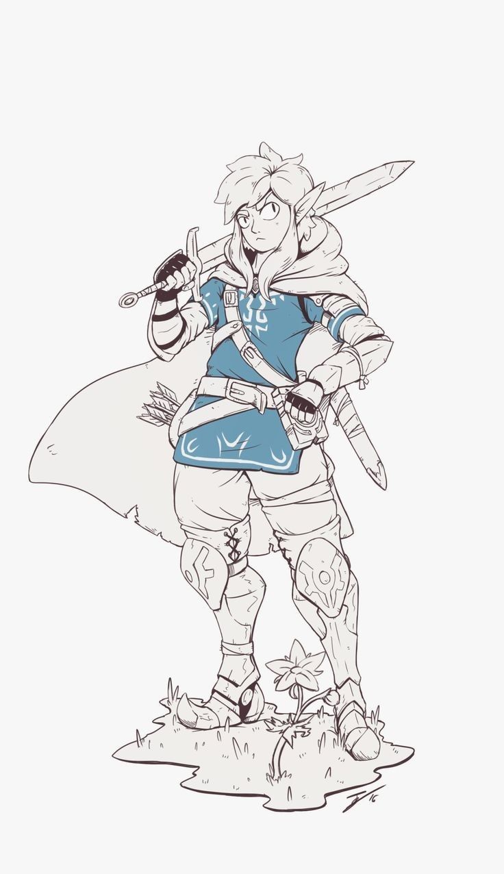 a fullbody illustration of link from the legend of zelda, standing with a sword slung over his shoulder. he is wearing the champion's tunic and other adventuring gear. he stands on a small patch of grass with a flower.