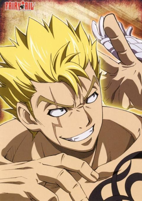 this is an image of a male anime character named gajeel redfox from the anime fairy tail. he has blond spiky hair, a fierce expression, and a smirk. gajeel has a black tattoo that covers his right arm, and his left arm is raised up as if he's going to punch something. the background is a dark brown with some gold and yellow hues.