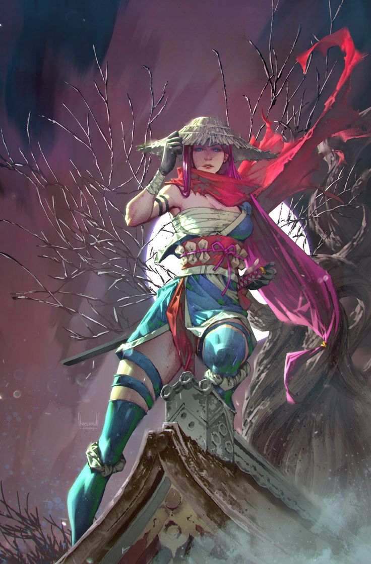 an illustration depicts a female warrior with pink hair, wearing a straw hat and a blue and white outfit, standing on a rooftop with a sword. she has a red scarf and is set against a background with a tree and a moon. the artwork has a fantasy and japaneseinspired aesthetic.