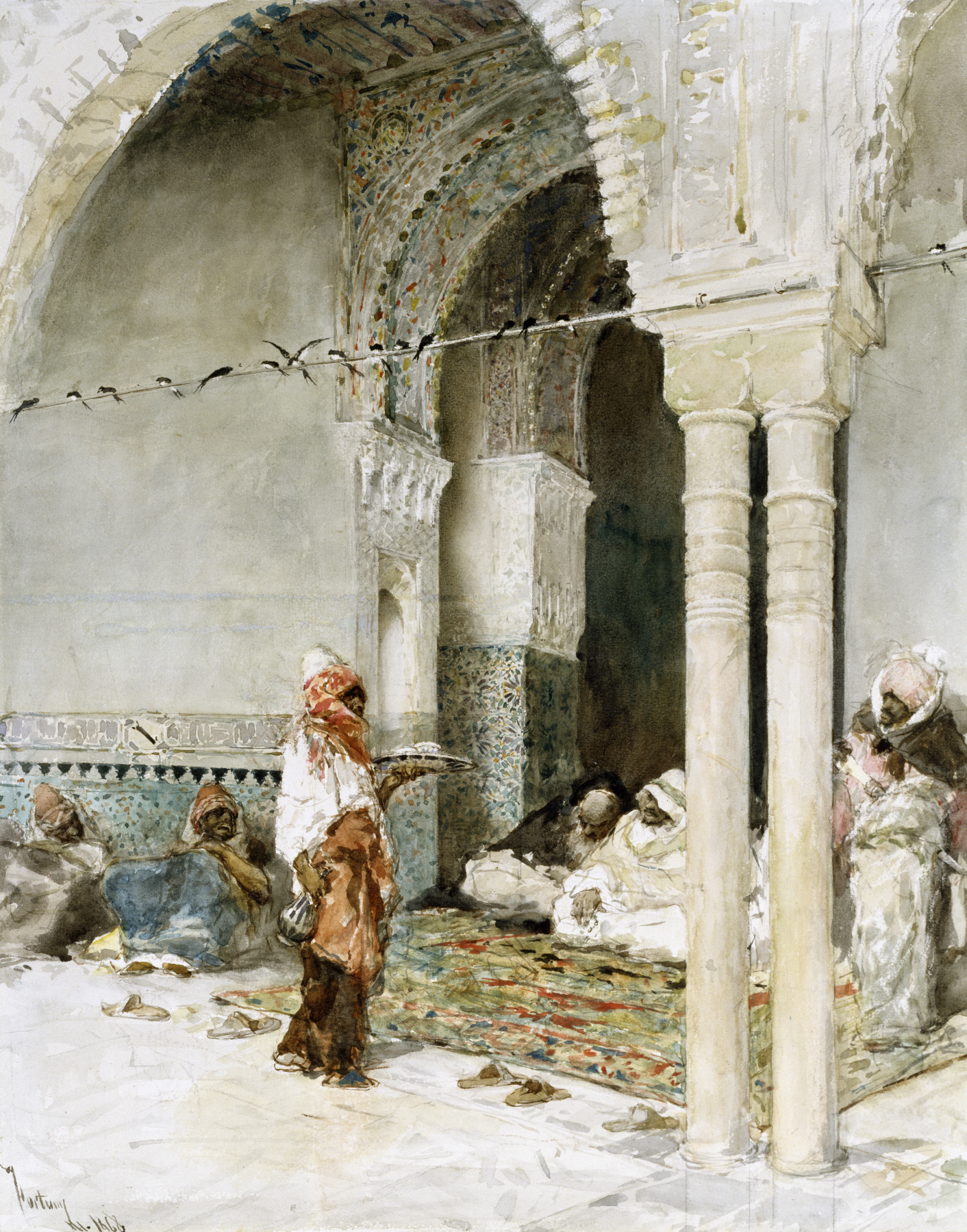 a watercolor painting depicting an interior scene likely within a mosque or courtyard in an orientalist style. several figures are present; some are seated and others are reclining on what appears to be an ornate carpet. a figure in the center stands holding a tray, possibly serving the others. the architecture features pillars, arches, and intricate decorations, including tiled walls, a tiled arch, and a vaulted ceiling. there are also birds perched on a wire running across the scene. the figures wear robes and headscarves. footwear is scattered throughout the scene. the painting is attributed to john frederick lewis.