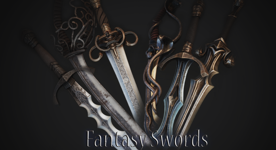 the image showcases a collection of five fantasy swords, meticulously rendered with intricate designs and metallic finishes. the swords are displayed prominently against a dark background, emphasizing their craftsmanship and fantastical nature.  each sword boasts a unique design, hinting at different origins, wielders, and magical properties.