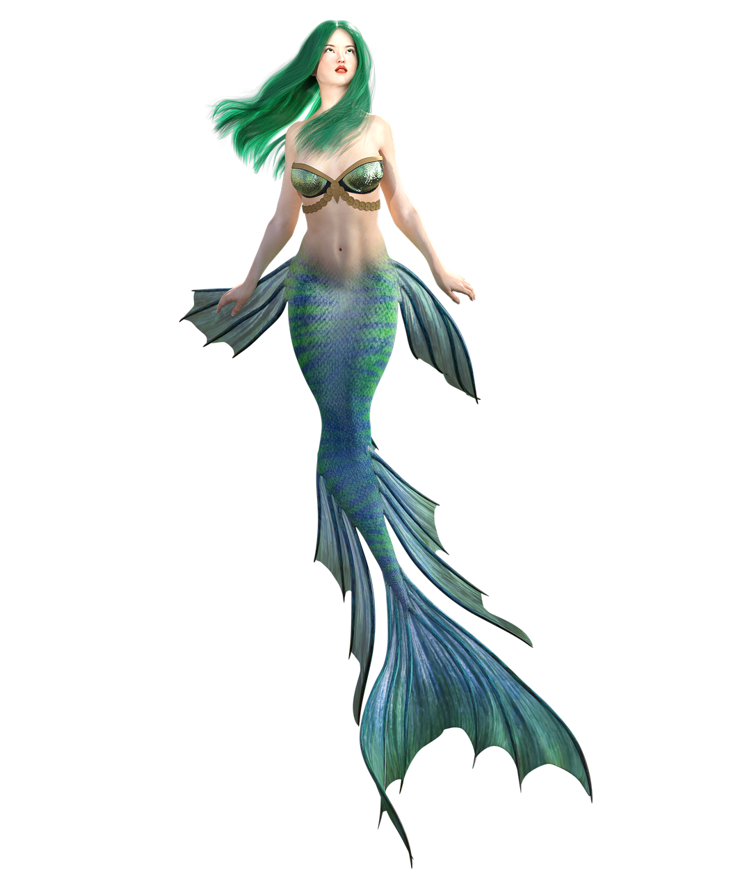 the image features a fullbody digital illustration of a mermaid with vibrant green hair. she is positioned against a stark black background, emphasizing her form. the mermaid's skin is fair, and she wears a decorative, goldencolored bra. her tail is a striking blend of blues and greens, patterned with scales and adorned with multiple fins.