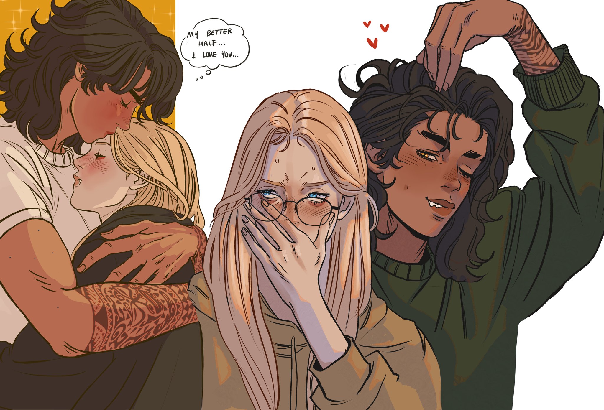 the illustration depicts three characters involved in intimate situations. on the left, a darkhaired character embraces and kisses a blonde character. a speech bubble reads "my better half... i love you..." on the right, a darkhaired character is touching the hair of a character with long blonde hair in glasses, who appears to be embarrassed or uncomfortable, covering their face with their hand. the image conveys themes of love, affection, longing, and perhaps the awkwardness of being a third wheel.