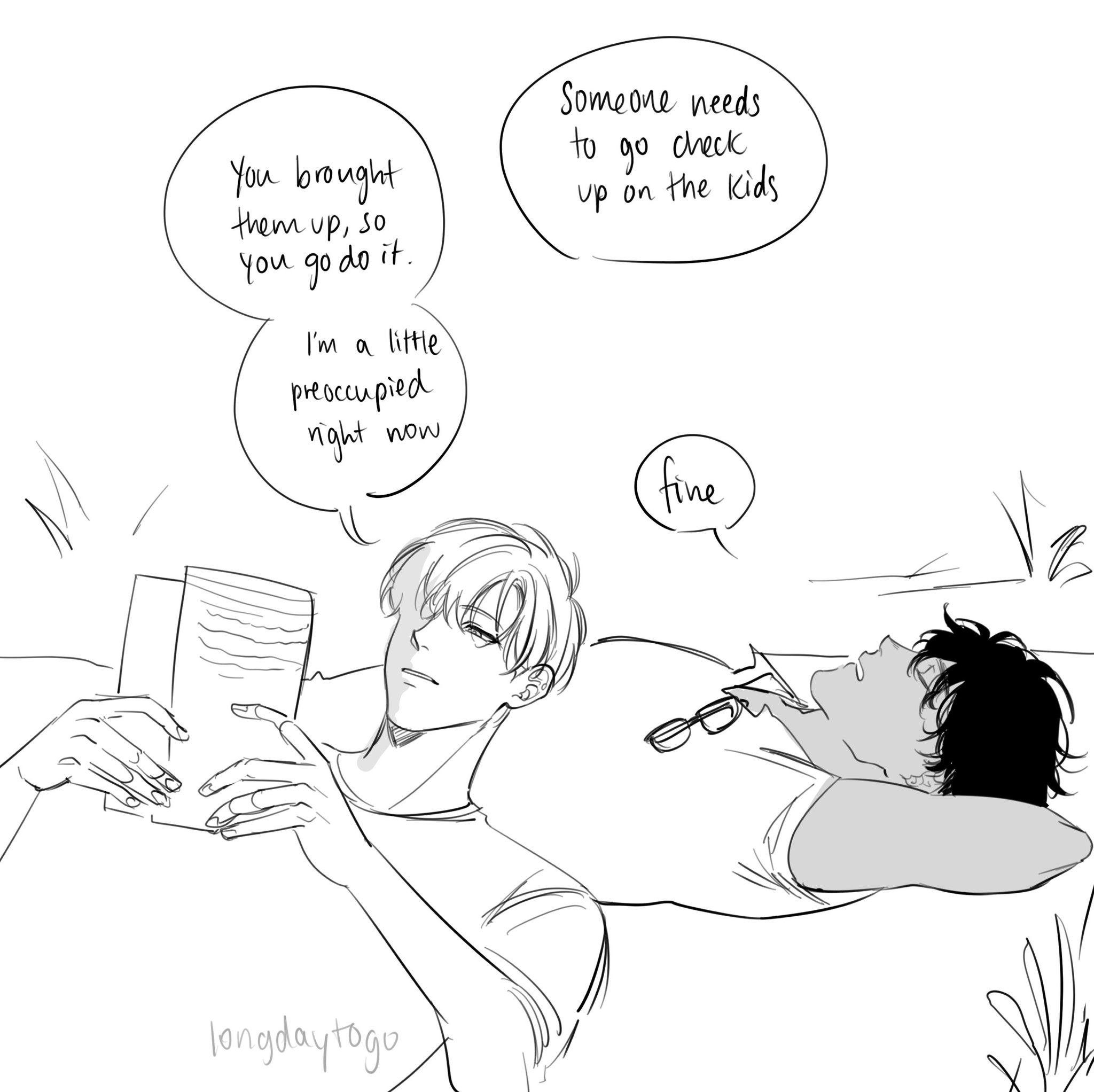 he image is a monochrome comic strip or webtoonstyle illustration depicting two men relaxing outdoors. one man is engrossed in a book, while the other is asleep.  speech bubbles above them reveal a humorous exchange about the need to check on their children, with the bookreading man claiming to be too preoccupied.  the art style is light and informal, suggesting a relaxed and possibly humorous tone. the overall aesthetic leans towards a digital drawing or sketch.