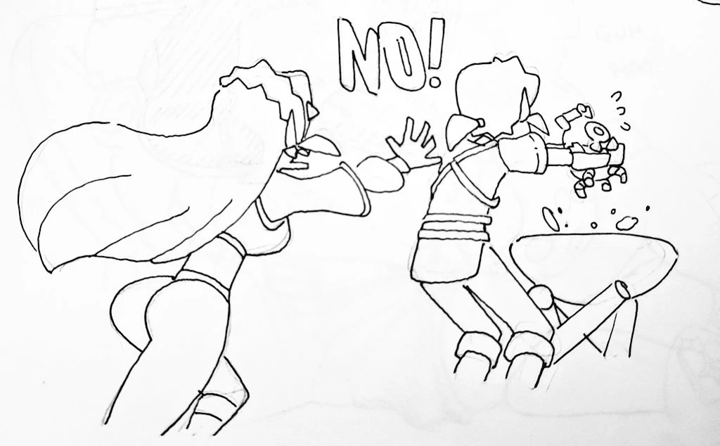 a black and white cartoon of a woman in a long flowing cloak, running away from a boy who is operating a robot that is shooting something at her. she is saying "no" to the boy.