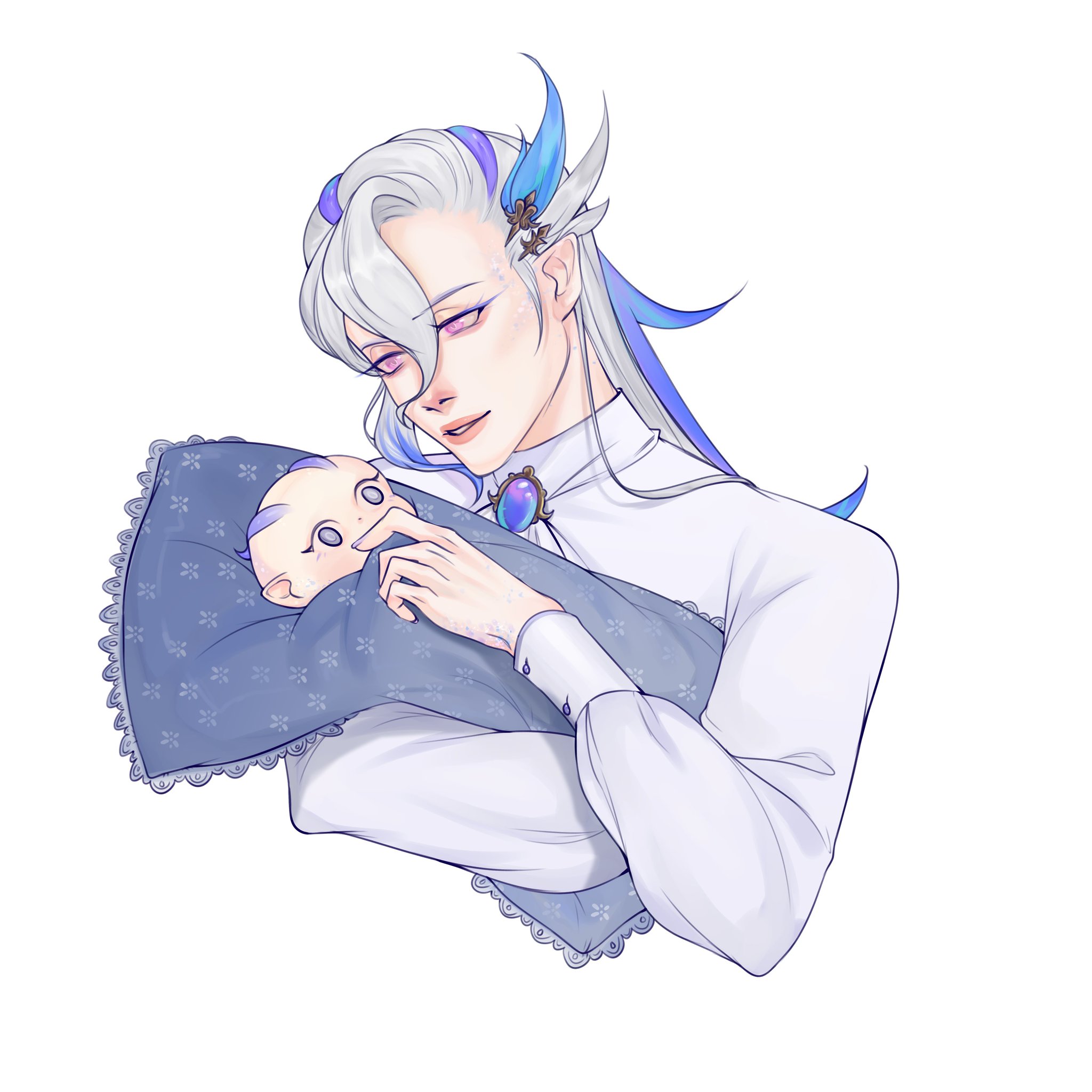 the image depicts a man with long white hair and blue eyes holding a baby in his arms. he is dressed in a white shirt with lace trim and has a blue and purple gemstone necklace. the baby is wrapped in a blue blanket with white lace trim. the man is looking down at the baby with a gentle and loving expression. the image is drawn in a soft and delicate style.