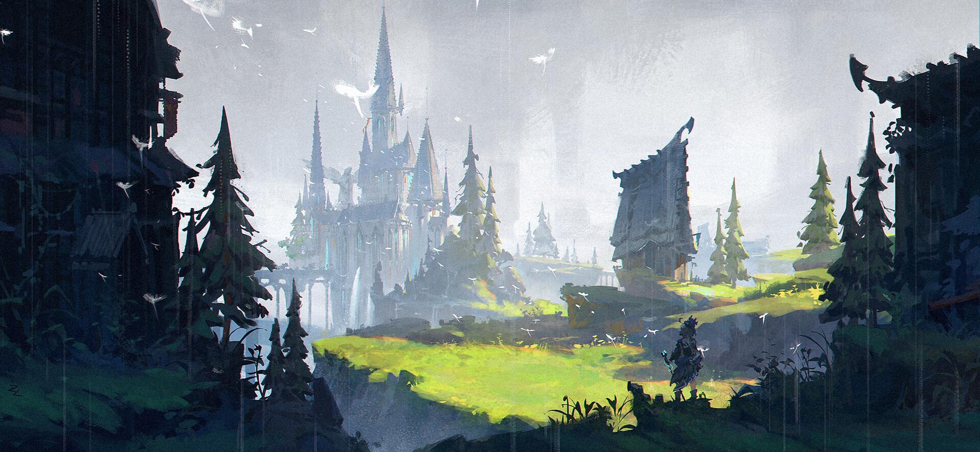 a lone traveler makes their way across a rainsoaked landscape towards a distant castle. the path is surrounded by lush greenery and towering trees, while the sky is a canvas of muted grays and blues. the castle, with its soaring spires and imposing presence, looms in the distance, promising both mystery and adventure.