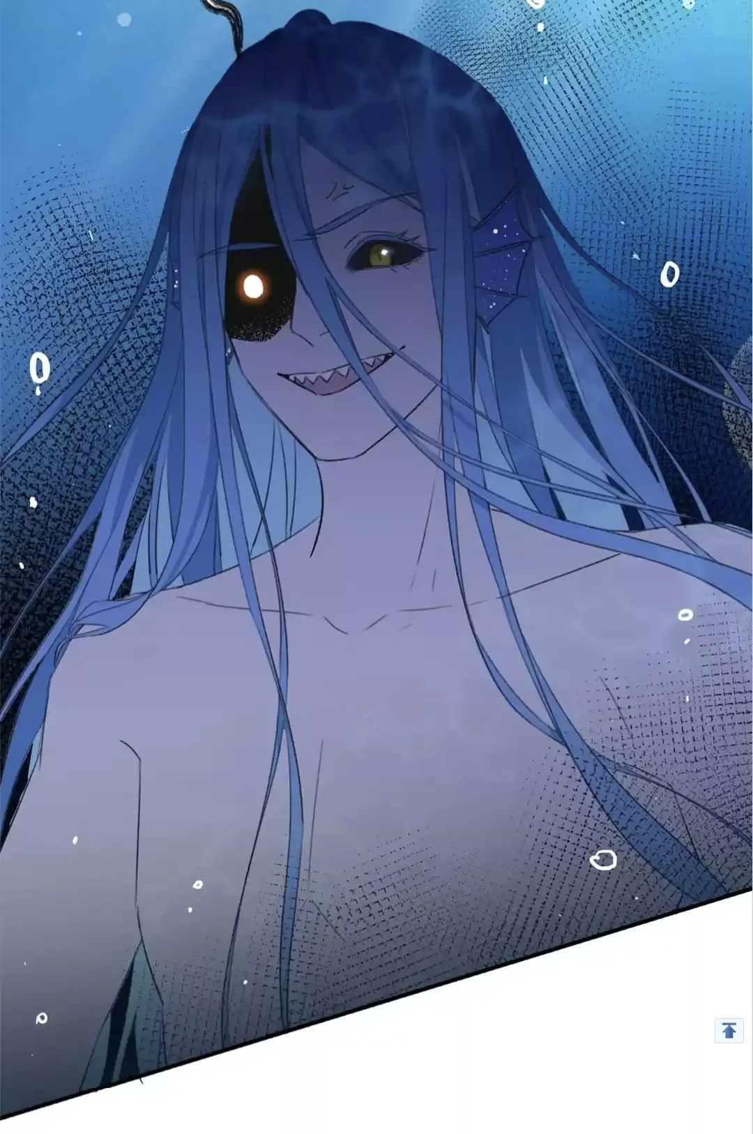 the image is a digital illustration or drawing, likely from an anime or manga, depicting a mermaidlike creature with long, flowing blue hair. the creature is partially submerged in water, which is rendered in shades of blue. the character has a somewhat unsettling expression, with a slight smile and glowing yellow eyes, suggesting a combination of beauty and malice. the art style is elegant and detailed. the background is less focused than the creature, implying a dreamlike or ethereal atmosphere.