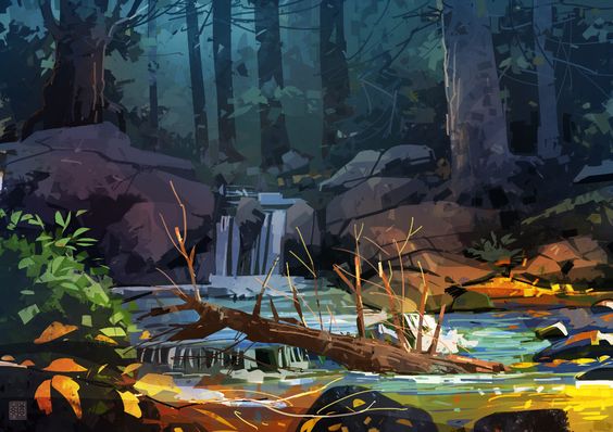a digital painting of a serene forest scene. a small waterfall cascades down rocks into a stream, surrounded by lush greenery and fallen leaves. the ambient light suggests dusk, creating a tranquil and peaceful atmosphere. a fallen tree trunk lies across the stream, adding to the natural beauty of the scene.