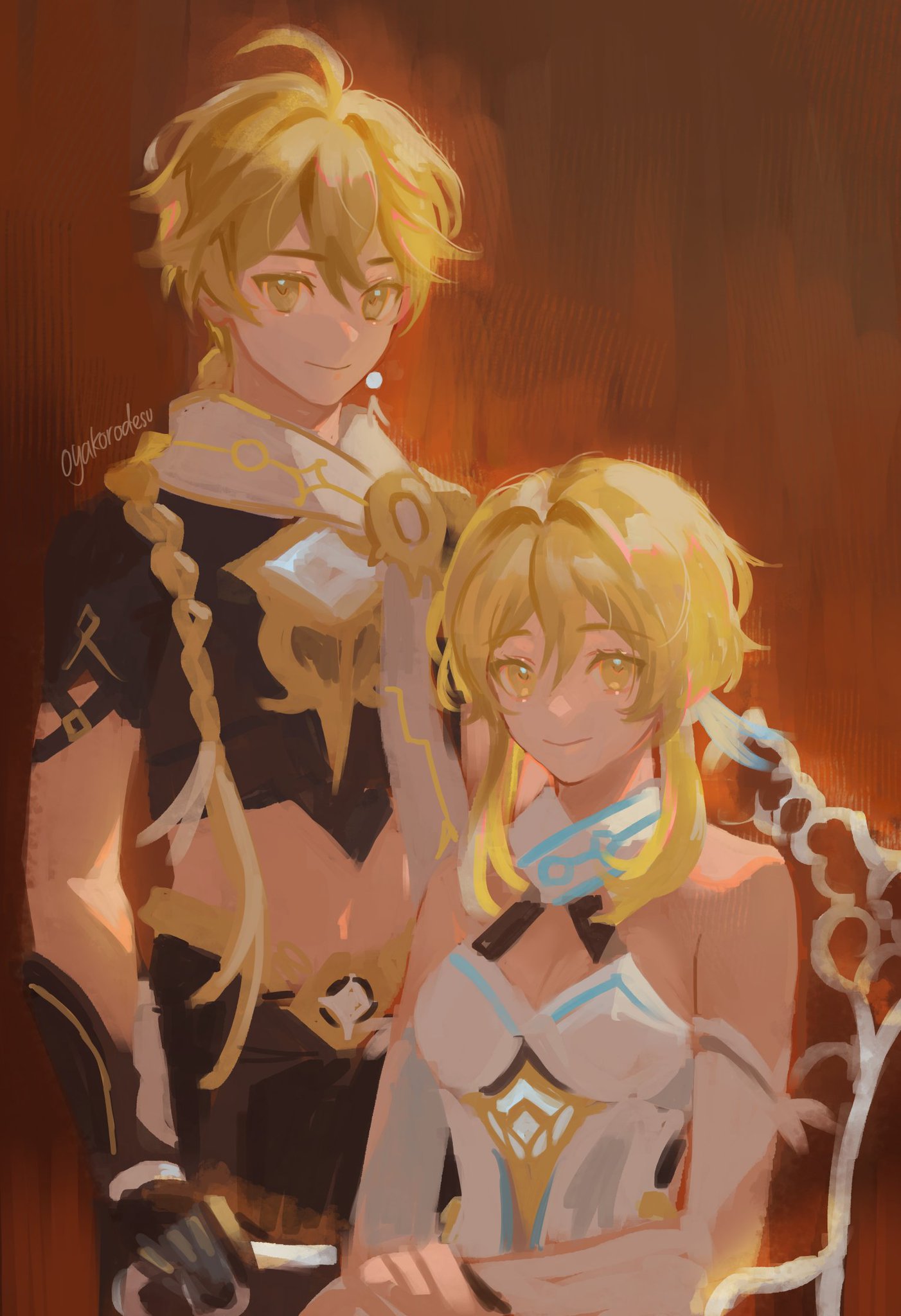 this is a digital art illustration of aether and lumine, twin characters from the video game genshin impact. they are both smiling and looking at the viewer. aether is standing and wearing a black and gold outfit while lumine is sitting and wearing a white and gold dress. their hair is blond. there is a background of a room with a gold wall.