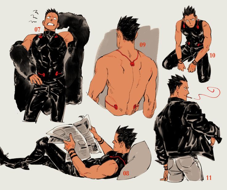 this is a drawing of a male anime character in multiple poses. there are five different illustrations of the character, each showcasing a different angle of his body and clothing.  the first illustration shows the character from the front in a black jacket and black pants, with his hand on his hip.  the second illustration shows the character from the back, with his upper torso exposed.  the third illustration shows the character lying down, reading a newspaper and wearing a black tank top and jeans. the fourth illustration shows the character sitting, with his head turned to the side. he is smoking a cigarette and wearing a black leather jacket and jeans. the fifth illustration shows the character from the back, wearing a black tank top and jeans. the illustrations are drawn in a manga style with black and white lines. there are red numbers and text in the background of the image.
