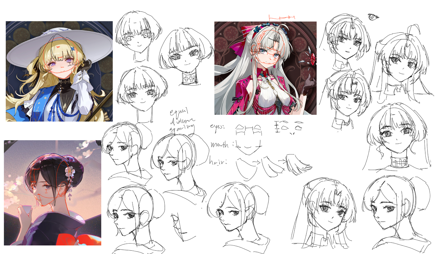 he image contains a collection of sketches and finished artwork of animestyle female characters.  the sketches primarily focus on different hairstyles, facial features, and expressions.  various studies of hair styles and facial features are displayed, with notes on spacing of eyes and mouth shapes. there are multiple sketches demonstrating the process of designing and developing the characters.  several completed illustrations of characters showcase different outfits and overall styles. the sketches appear to be a process of character design, with notes by the artist annotating their design choices.