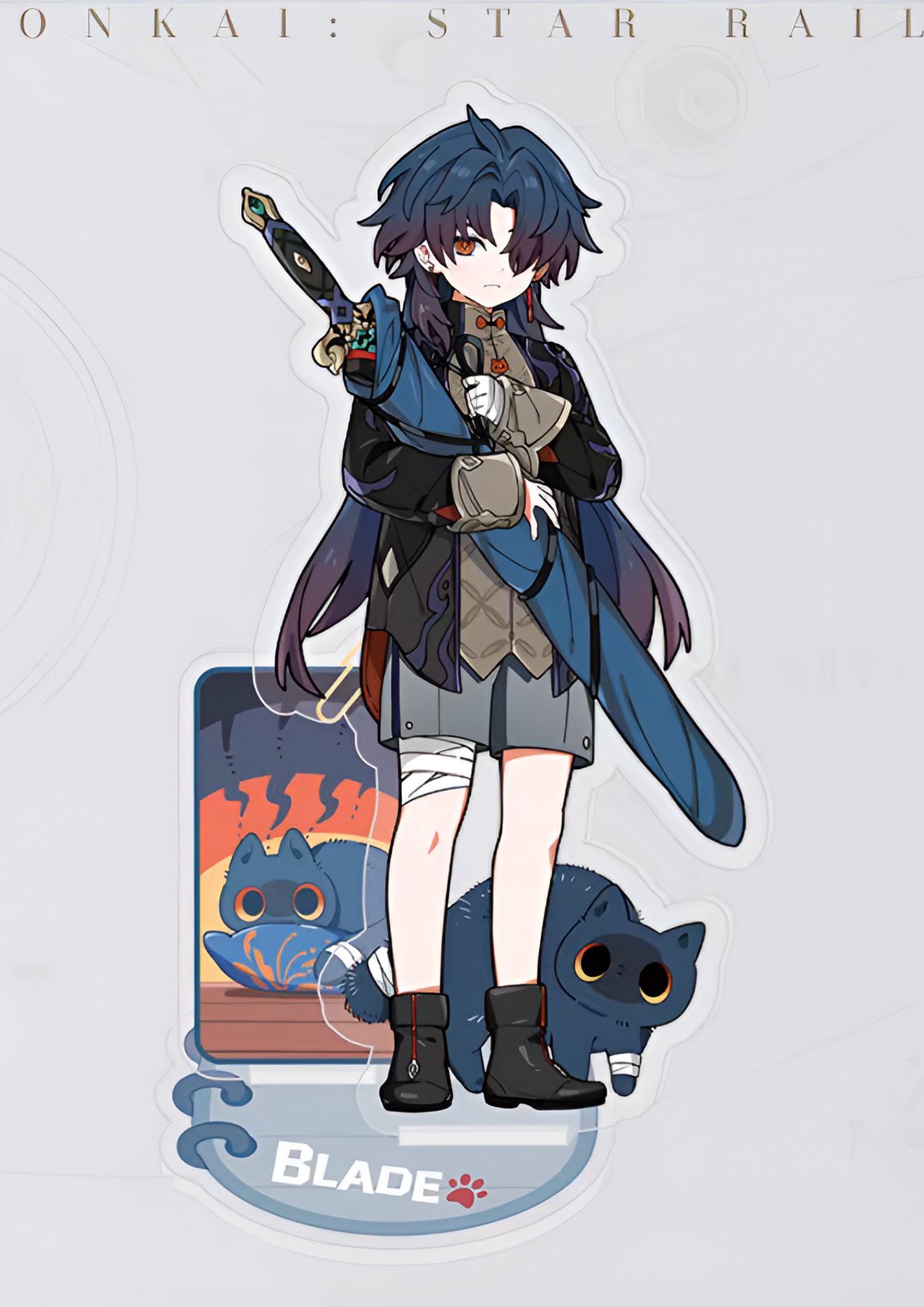 this is a digital illustration of a male character from the game honkai: star rail. the character, blade, is standing with a sword in his left hand. he is wearing a blue and black outfit with white bandages. he has blue hair, red eyes, and a cat companion by his side.