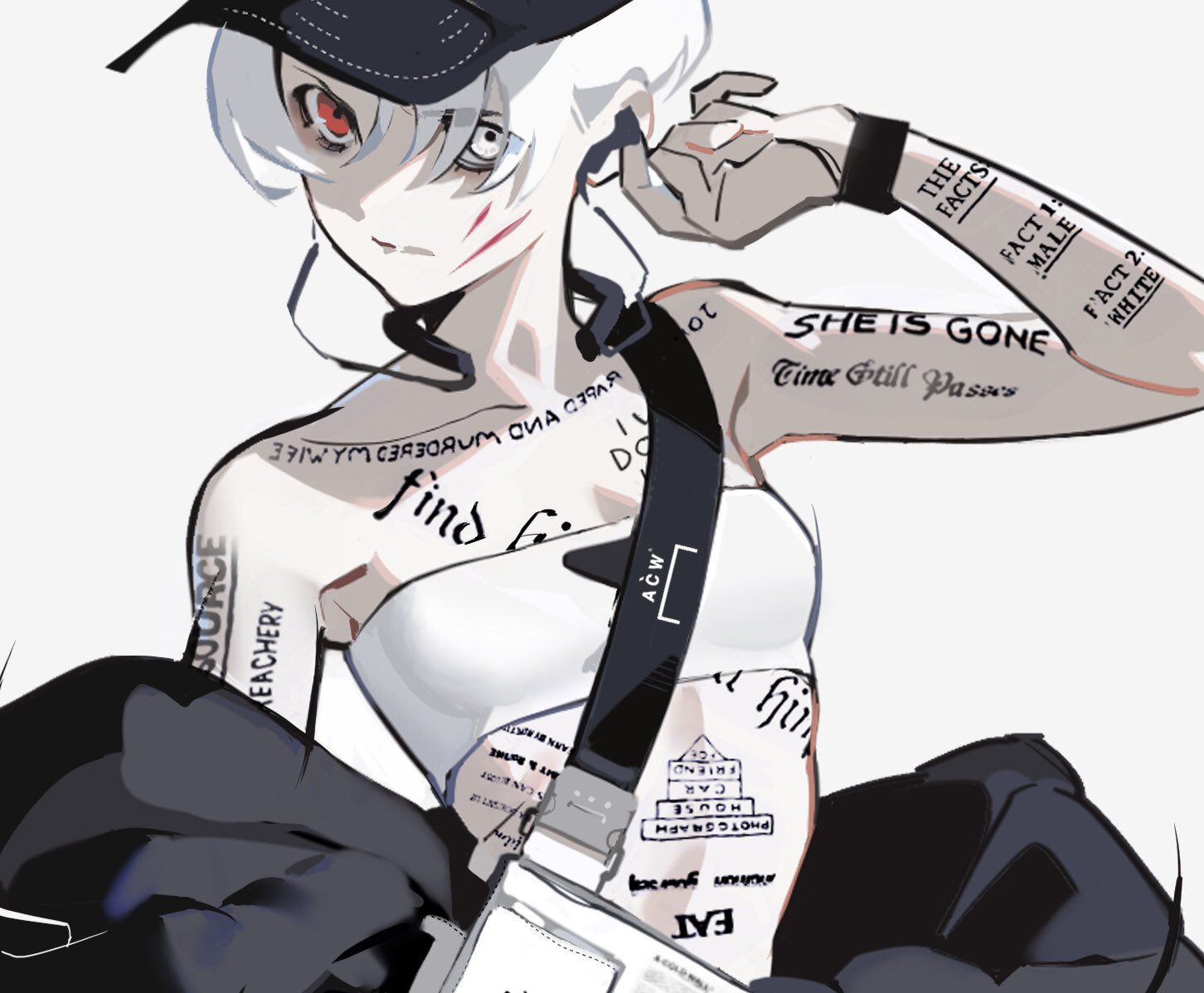 the image features a stylized drawing of a young woman with short white hair and striking red eyes. she is depicted in a closeup,  with her head turned slightly to the side and her hand touching her earphone.  her expression is serious and intense.  she is dressed in streetwear style with a black crop top and a black jacket draped over her arms. her most prominent features are her intricate tattoos, which cover her arms, chest, and shoulder.  the tattoos include text phrases like "she's gone," "time still passes," and "find," as well as graphic elements and patterns.  she also has a satchel strap across her chest.  the style of the drawing is reminiscent of anime and manga, with sharp lines and exaggerated features. the overall impression is of a tough and edgy character with a rebellious attitude.