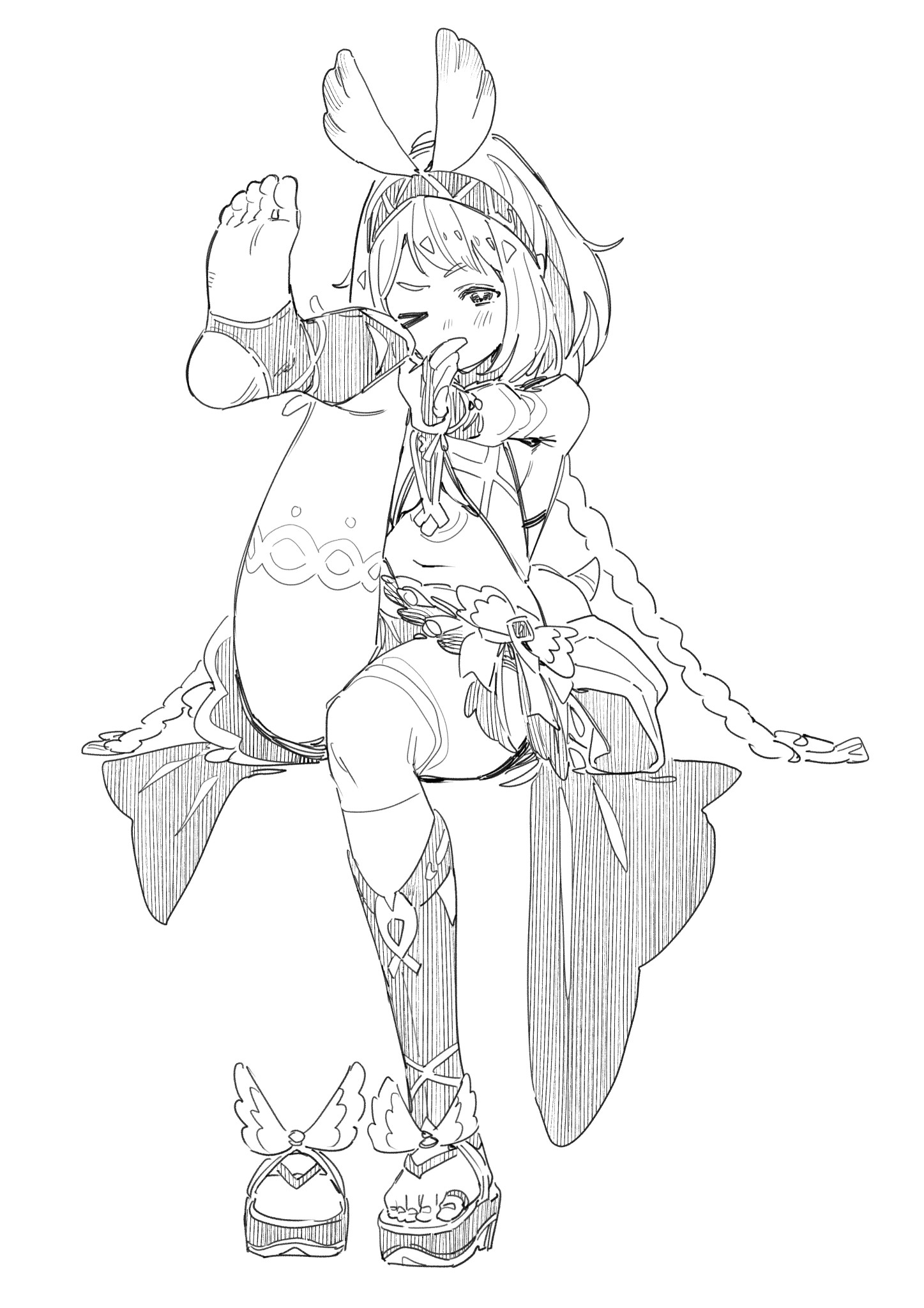 a black and white sketch of klee from genshin impact. she is sitting down with one leg raised, showing the sole of her foot. she is wearing a cute outfit with wings on her shoes and bunny ears in her hair.  the style is reminiscent of manga or anime fanart, with expressive lines and shading.