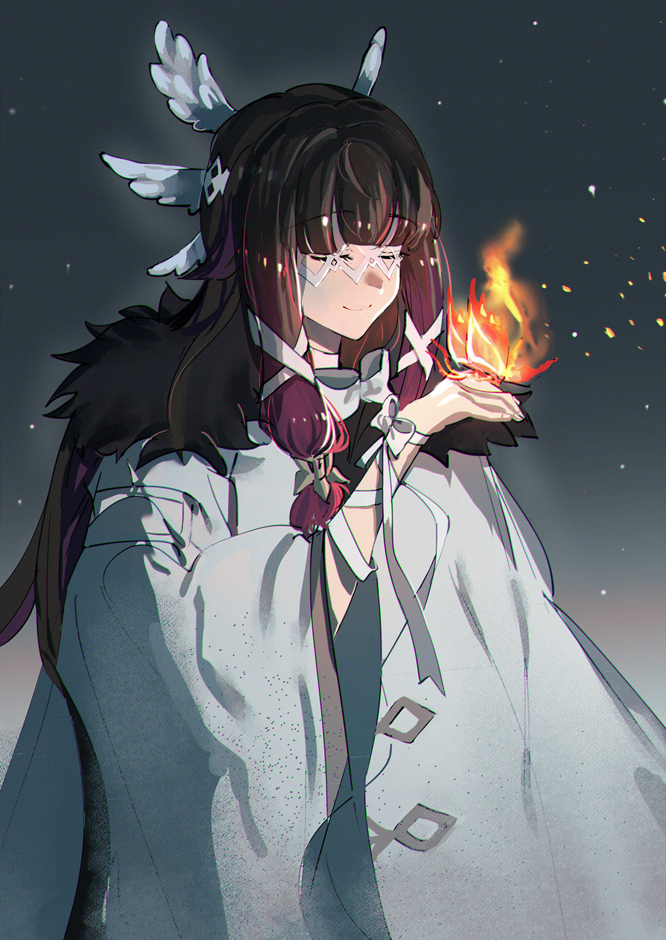 the image shows a young anime girl with long dark hair tied with a white ribbon. she's wearing a long white robe with blue accents and white glasses. she's holding a small flame in her right hand and she's smiling. there's a starry night sky in the background. the overall style is fantasy and magical.