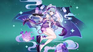 a digital illustration of an anime girl with blue hair and a purple dress, holding a tray with cake. she is surrounded by floating creatures and clouds in a fantasythemed background with stars. the artwork features a blend of purple, blue, and white colors with a dreamy, ethereal quality.