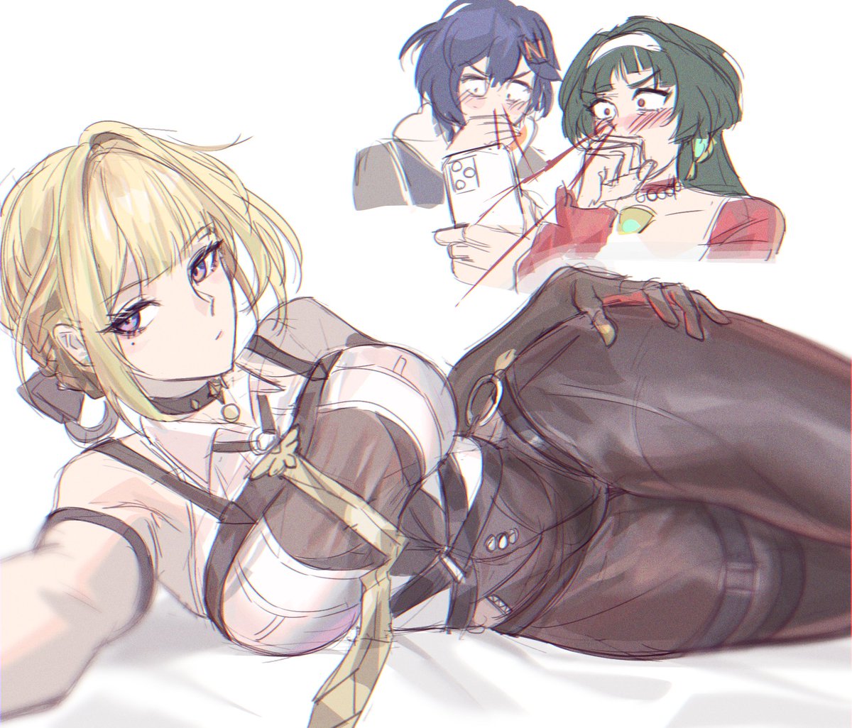 he image is a digital drawing or painting in anime style. it depicts three female characters. the main focus is on a blondehaired woman in a leather outfit who is taking a selfie. behind her, there are two other women; one with dark blue hair and the other with dark green hair. they appear to be watching the blonde woman take the selfie, showing expressions of interest or amusement. the art style is soft and somewhat sketchy, giving it a casual and expressive feel. the background is plain, allowing the focus to remain on the characters.